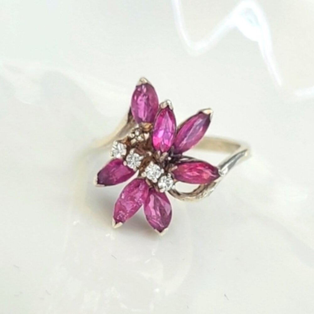 Antique Vintage Sterling Silver Pink Ruby Sapphire Flower Ring Dainty Size 7